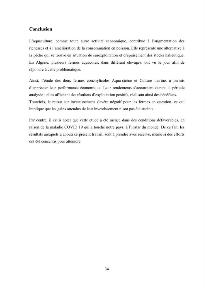 Etude des performances économiques des fermes aquacoles conchylicoles en Algérie: