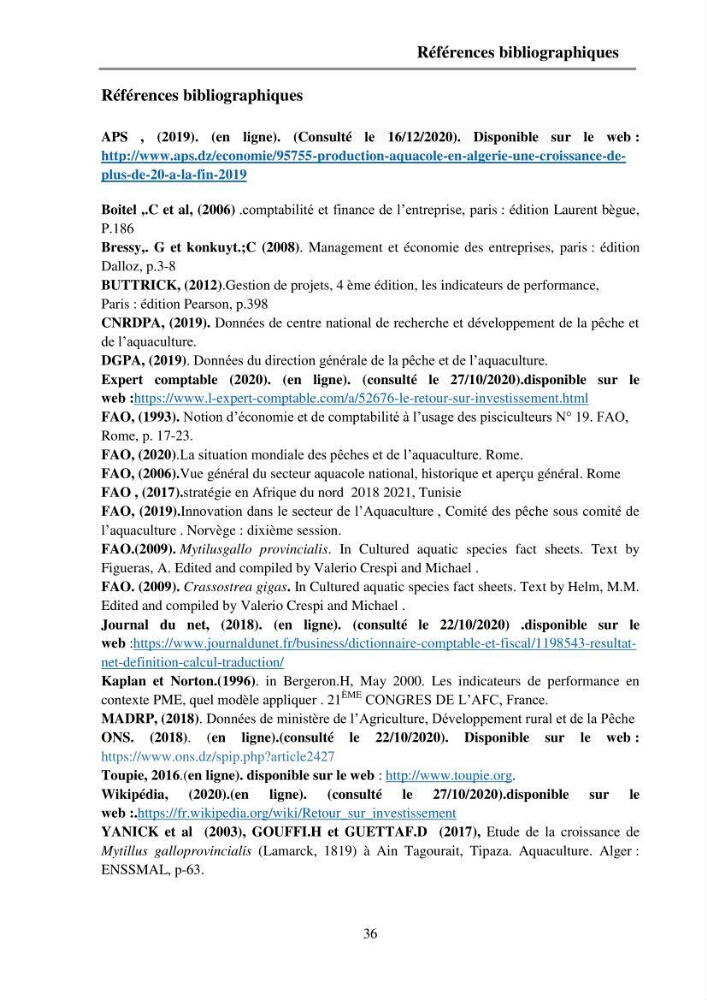 Etude des performances économiques des fermes aquacoles conchylicoles en Algérie: