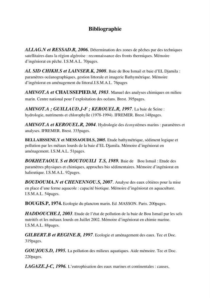 Caractérisation physico-chimiques et sels nutritifs des eaux de la baie d\'El Djamila
