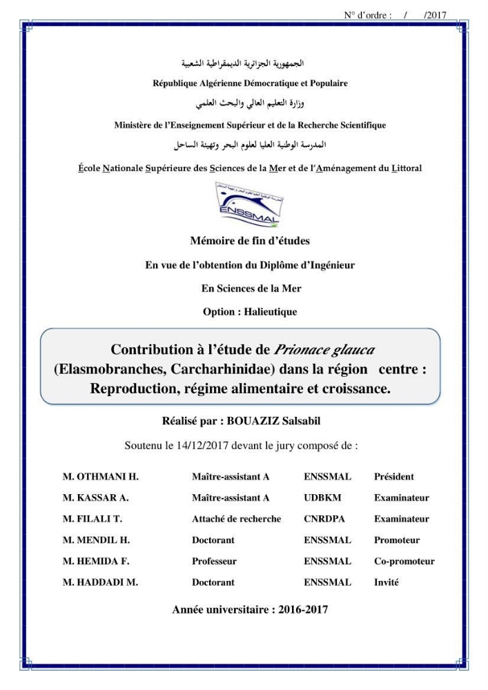 Contribution à l’étude de Prionace glauca (Elasmobranches, Carcharhinidae) dans la région centre