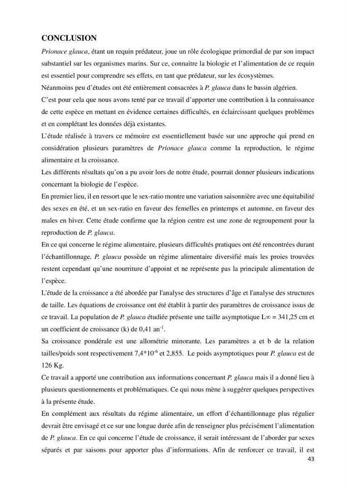 Contribution à l’étude de Prionace glauca (Elasmobranches, Carcharhinidae) dans la région centre