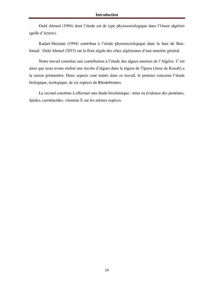 Etude de quelques rhodobiontes de la côte ouest algéroise: biologie, biochimie et valorisation