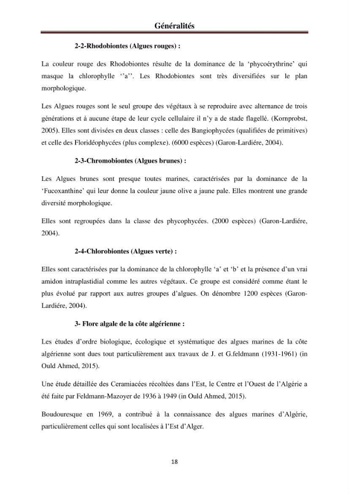 Etude de quelques rhodobiontes de la côte ouest algéroise: biologie, biochimie et valorisation