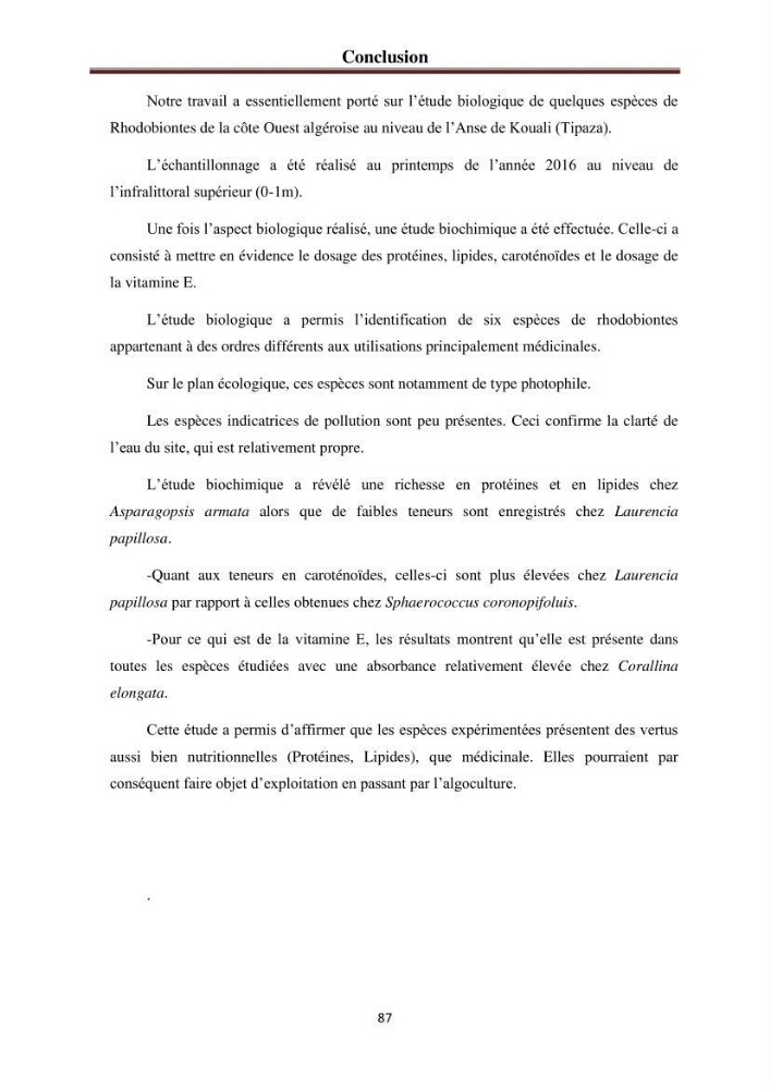 Etude de quelques rhodobiontes de la côte ouest algéroise: biologie, biochimie et valorisation