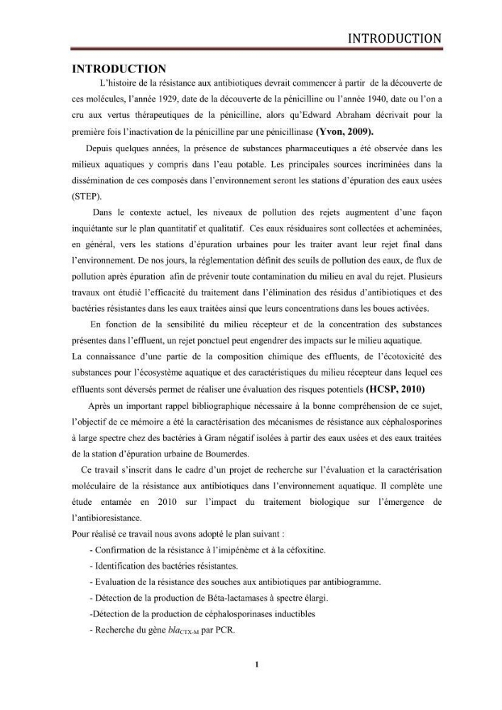 Caractérisation des mécanismes de résistance aux béta-lactamines chez des bactéries à Gram négatif isolées des eaux usées et aux traitées de la STEP de Boumerdes