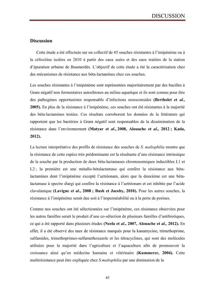 Caractérisation des mécanismes de résistance aux béta-lactamines chez des bactéries à Gram négatif isolées des eaux usées et aux traitées de la STEP de Boumerdes