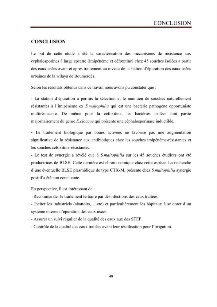 Caractérisation des mécanismes de résistance aux béta-lactamines chez des bactéries à Gram négatif isolées des eaux usées et aux traitées de la STEP de Boumerdes