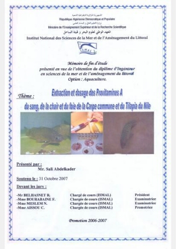 Extraction et dosage des Provitamines A du sang, de la chair et du foie de la carpe commune et du tilapia du Nile: Extraction et dosage des Provitamines A du sang, de la chair et du foie de la carpe commune et du tilapia du Nile: