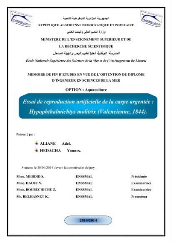 Essai de reproduction artificielle de la carpe argentée: hypophthalmichtys molitrix ( valencienne, 1844). Essai de reproduction artificielle de la carpe argentée: hypophthalmichtys molitrix ( valencienne, 1844).