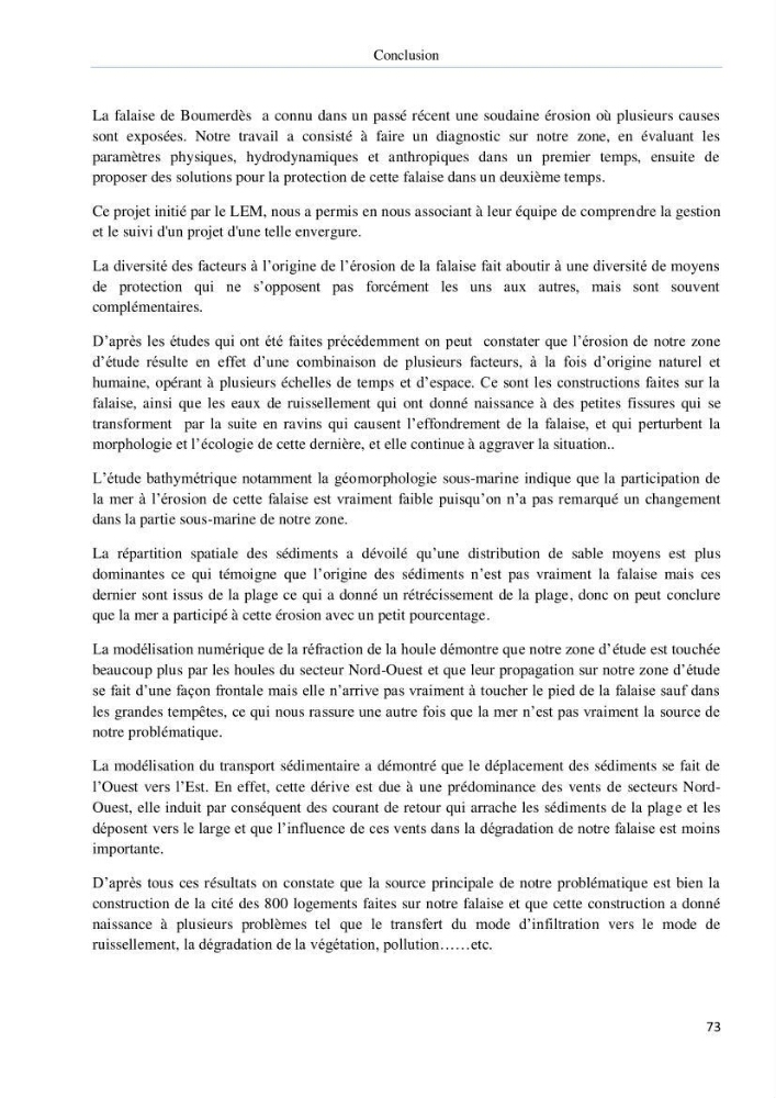 Evolution et dynamique de la falaise Est de Boumerdes et proposition des solutions