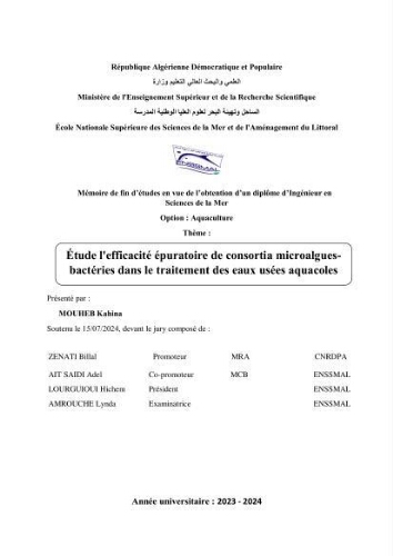 Étude l'éfficacité épuratoire de consortia microalgues - bactéries dans le traitement des eaux usées aquacoles Étude l'éfficacité épuratoire de consortia microalgues - bactéries dans le traitement des eaux usées aquacoles