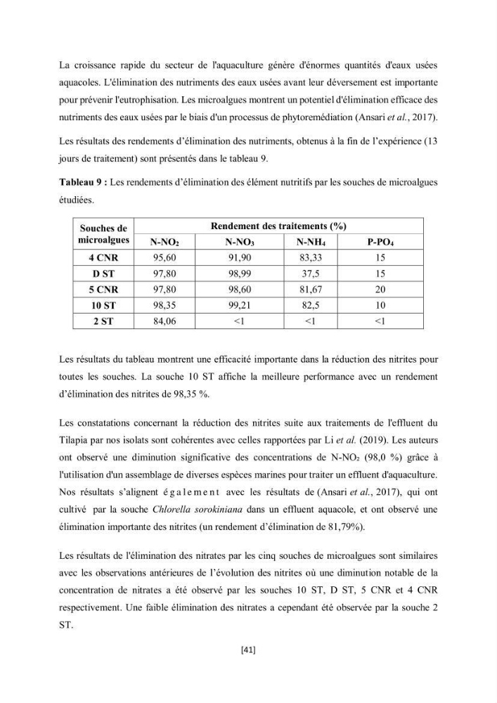 Étude l\'éfficacité épuratoire de consortia microalgues - bactéries dans le traitement des eaux usées aquacoles