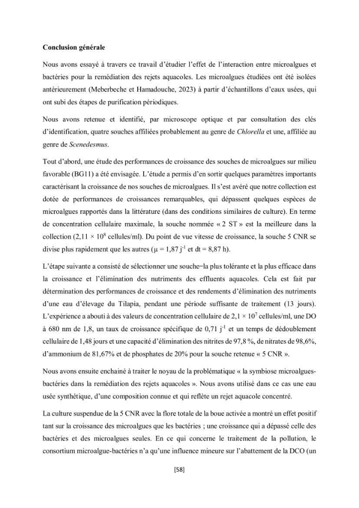 Étude l\'éfficacité épuratoire de consortia microalgues - bactéries dans le traitement des eaux usées aquacoles
