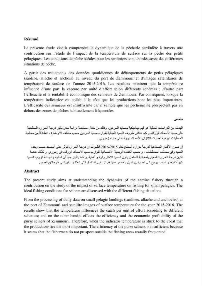 Approche sur l’impact de la température de surface sur l’efficacité Approche sur l’impact de la température de surface sur l’efficacité de la flottille sardinière de Zemmouri (Willaya de Boumerdes)