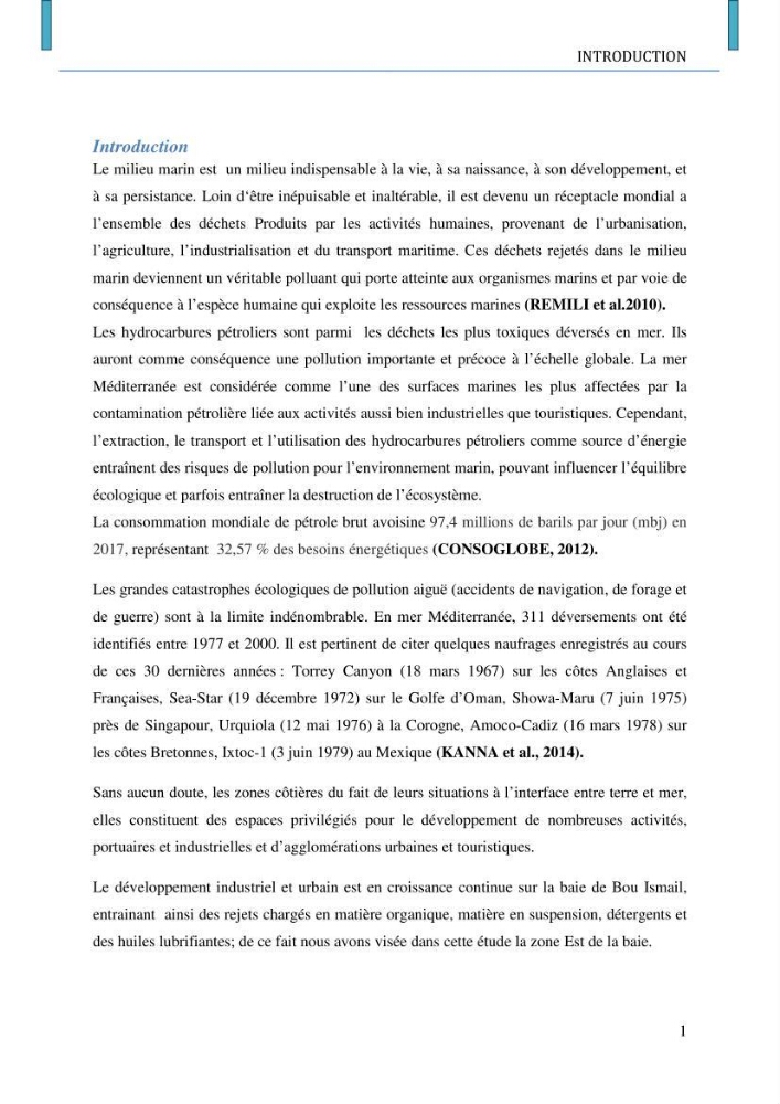 Evaluation des niveaux de pollution par les hydrocarbures aromatiques polycycliques dans les eaux et sédiments marins de la baie de Bou- Ismail (Est):