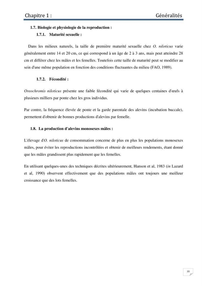 Production d\'alevins monosexe d\'oreochromis niloticus (Linnaeus, 1758) au niveau de la ferme piscicole ezzahra- wilaya de Ghardaia