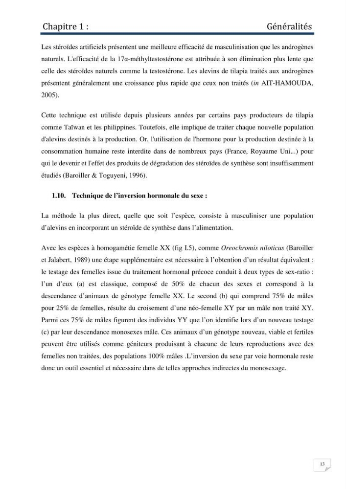 Production d\'alevins monosexe d\'oreochromis niloticus (Linnaeus, 1758) au niveau de la ferme piscicole ezzahra- wilaya de Ghardaia
