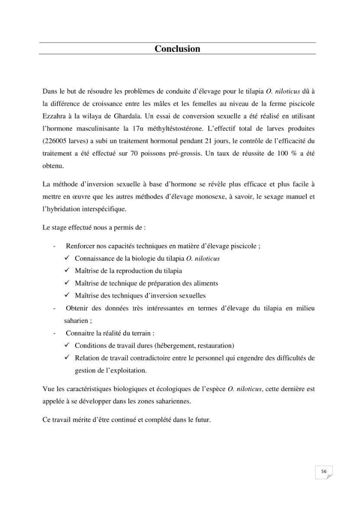 Production d\'alevins monosexe d\'oreochromis niloticus (Linnaeus, 1758) au niveau de la ferme piscicole ezzahra- wilaya de Ghardaia