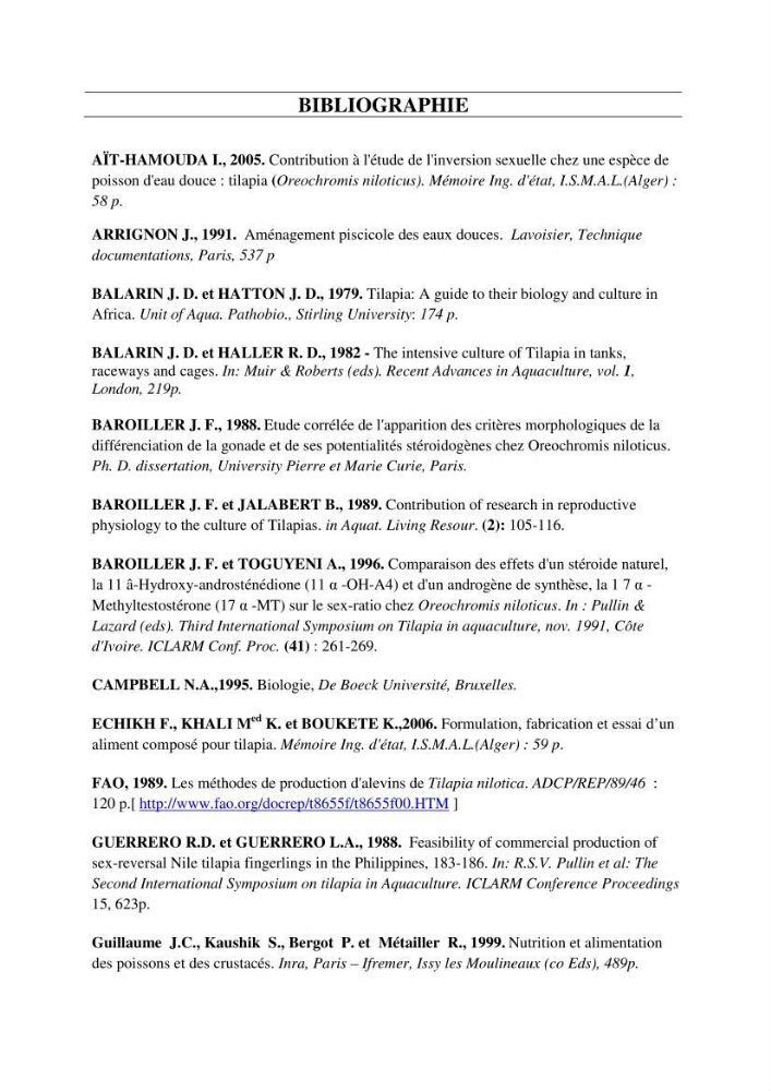 Production d\'alevins monosexe d\'oreochromis niloticus (Linnaeus, 1758) au niveau de la ferme piscicole ezzahra- wilaya de Ghardaia