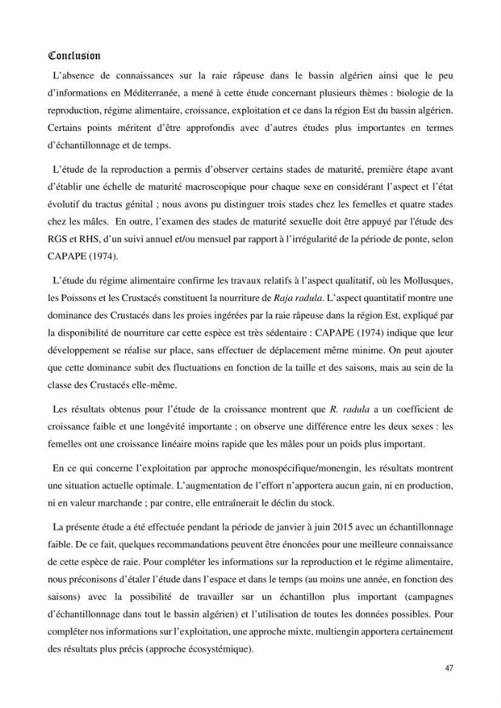 Contribution à l’étude de la biologie, de la croissance et de l’exploitation de Raja radula (Elasmobranches, Rajidae) dans la région Est du bassin algérien