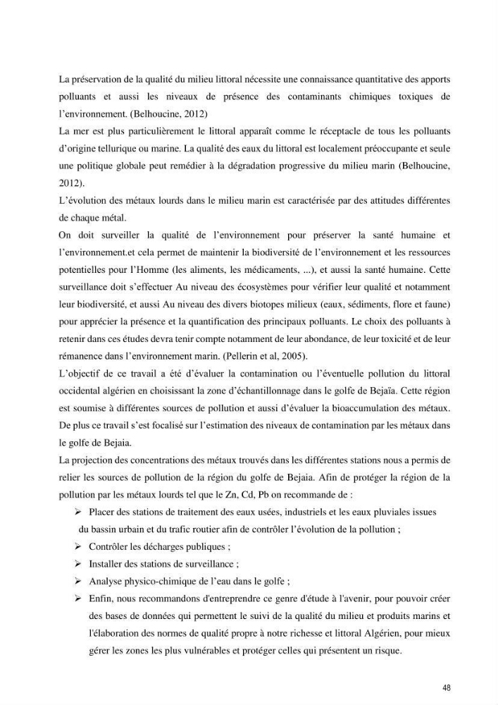 Monitoring de la pollution inorganique par les métaux dans le golf de Bejaia