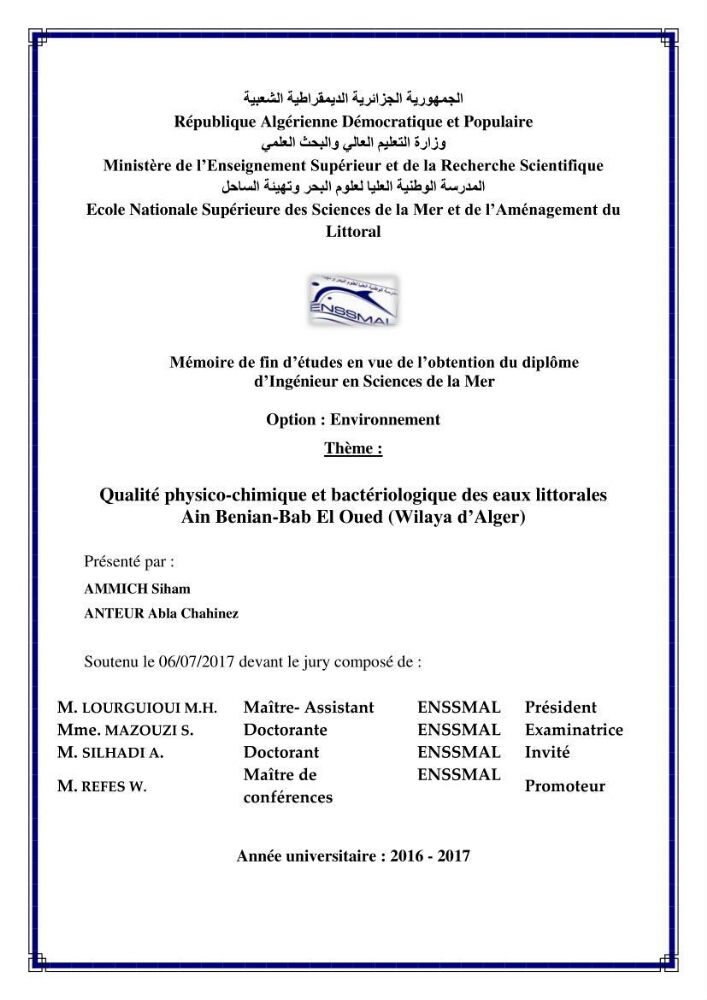Qualité physico-chimique et bactériologique des eaux littorales