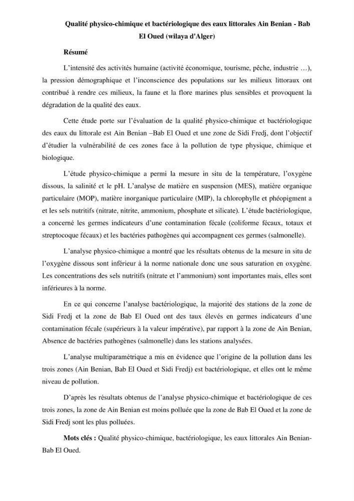 Qualité physico-chimique et bactériologique des eaux littorales