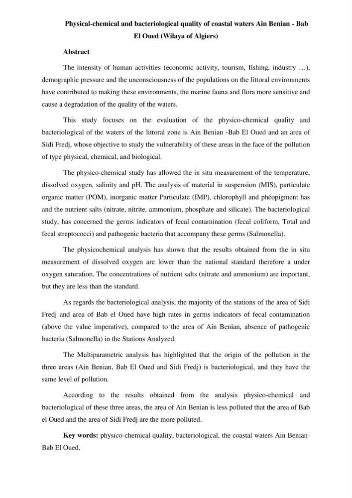 Qualité physico-chimique et bactériologique des eaux littorales