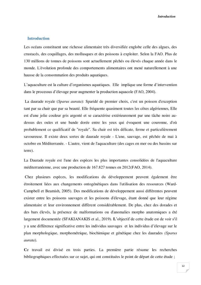Contribution à l\'étude de la déférienciation morphométrique et génétique des daurades ( Sparus aurata) (linné 1758) sauvages et d\'élevage: