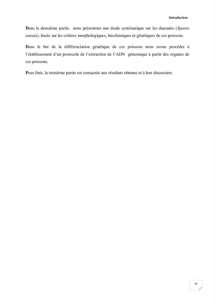 Contribution à l\'étude de la déférienciation morphométrique et génétique des daurades ( Sparus aurata) (linné 1758) sauvages et d\'élevage: