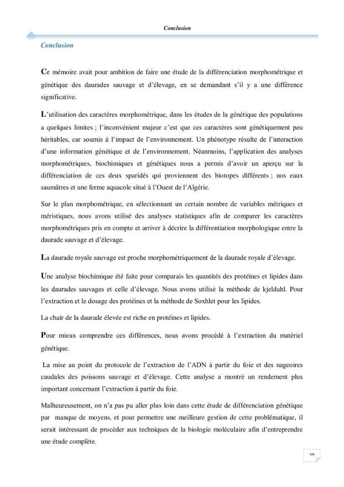 Contribution à l\'étude de la déférienciation morphométrique et génétique des daurades ( Sparus aurata) (linné 1758) sauvages et d\'élevage: