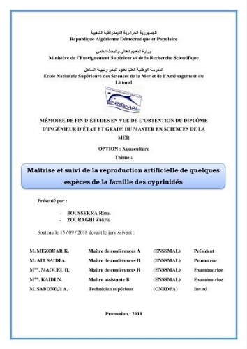 Maîtrise et suivi de la reproduction artificielle de quelques espèces de la famille des cyprinidés. Maîtrise et suivi de la reproduction artificielle de quelques espèces de la famille des cyprinidés.