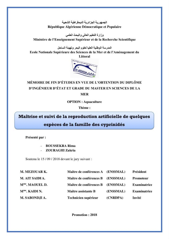Maîtrise et suivi de la reproduction artificielle de quelques espèces de la famille des cyprinidés.