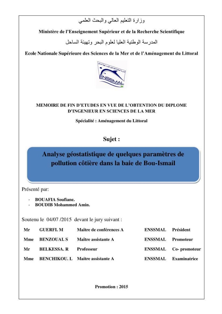Analyse géostatistique de quelques paramètres de pollution côtière dans la baie de Bou-Ismail: