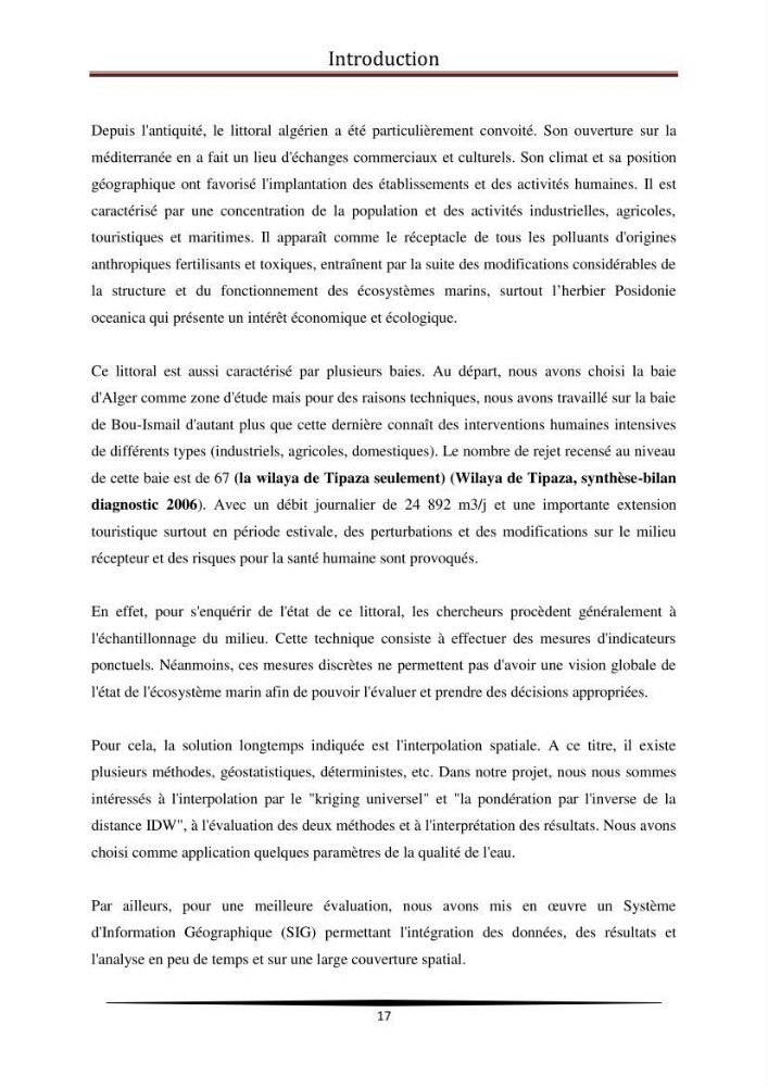 Analyse géostatistique de quelques paramètres de pollution côtière dans la baie de Bou-Ismail: