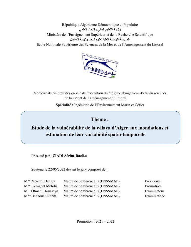 Etude de la vulnérabilité de la wilaya d’Alger aux inondations et estimation de leur variabilité spatio-temporelle