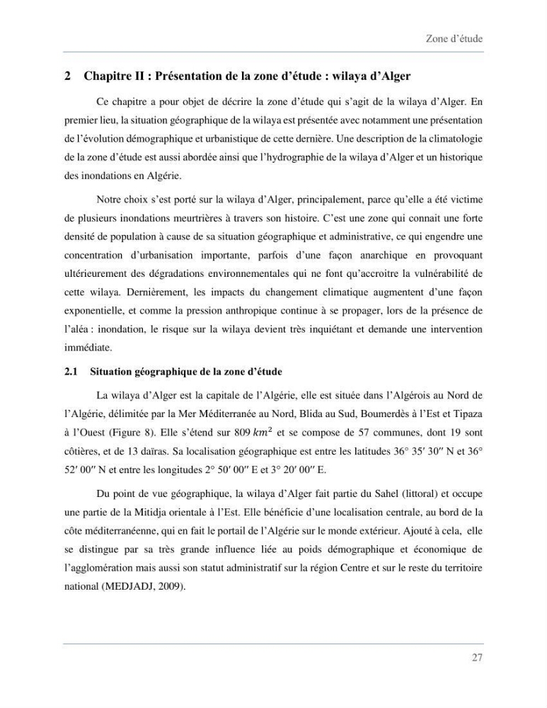 Etude de la vulnérabilité de la wilaya d’Alger aux inondations et estimation de leur variabilité spatio-temporelle