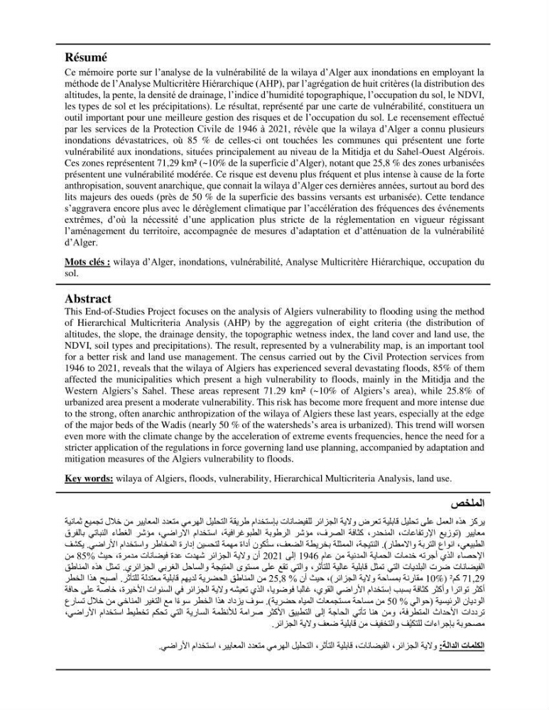 Etude de la vulnérabilité de la wilaya d’Alger aux inondations et estimation de leur variabilité spatio-temporelle