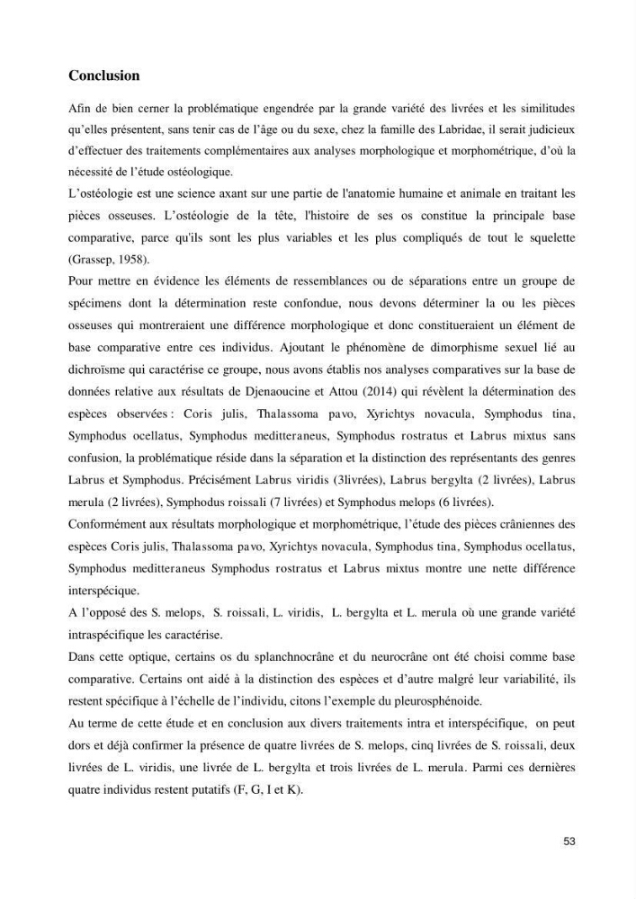 Contribution à l\'identification des pièces crâniènes et à l\'élaboration d\'une base de données ostéologiques.: cas des labridae, dans le bassin algerien