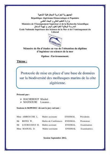 Protocole de mise en place d'une base de données sur la biodiversité des mollusques marins de la côte algerienne Protocole de mise en place d'une base de données sur la biodiversité des mollusques marins de la côte algerienne