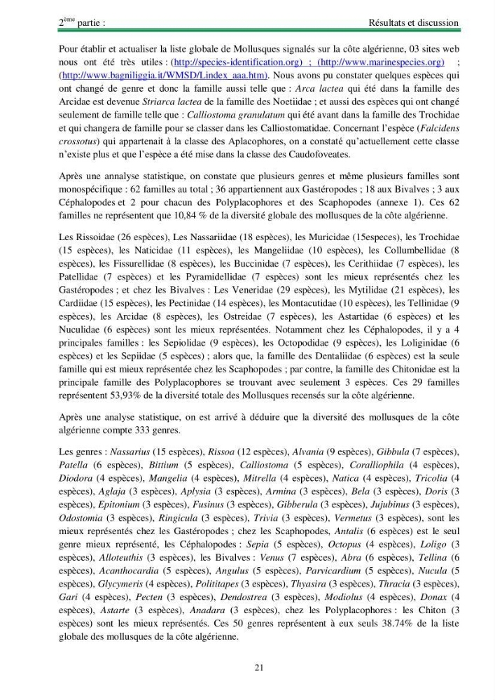 Protocole de mise en place d\'une base de données sur la biodiversité des mollusques marins de la côte algerienne