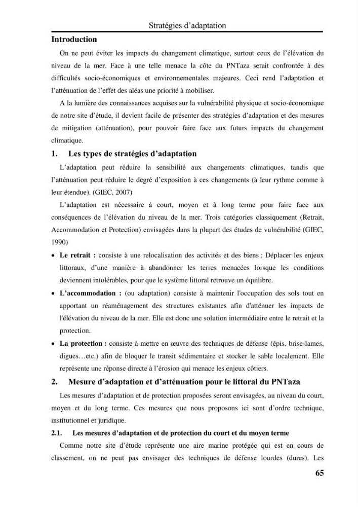Evaluation de la vulnérabilité côtière du Parc National de Taza (wilaya de Jijel)