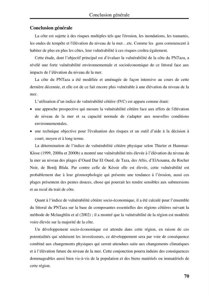 Evaluation de la vulnérabilité côtière du Parc National de Taza (wilaya de Jijel)