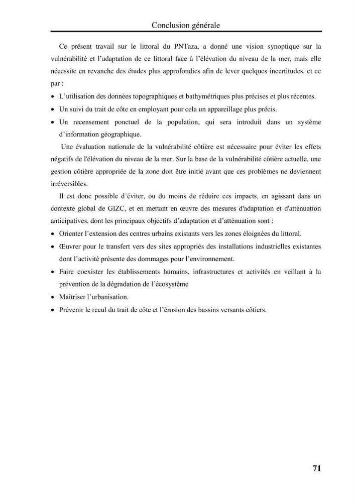 Evaluation de la vulnérabilité côtière du Parc National de Taza (wilaya de Jijel)
