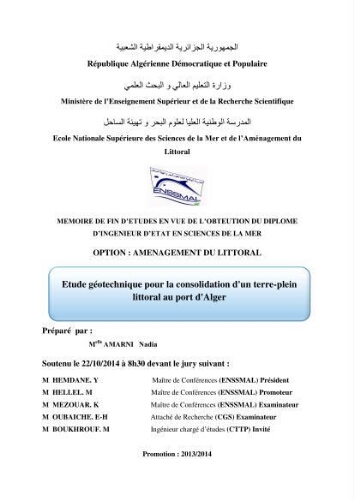 Etude géotechnique pour la consolidation d'un terre-plein littoral au port d'Alger Etude géotechnique pour la consolidation d'un terre-plein littoral au port d'Alger