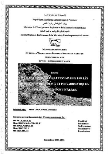 Evaluation de la pollution par les Hydrocarbures totaux et polyaromatiques Evaluation de la pollution par les Hydrocarbures totaux et polyaromatiques