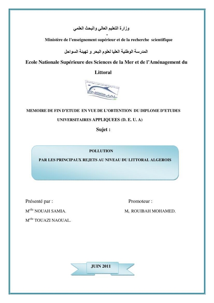 Pollution par les principaux rejets au niveau du littoral algerois