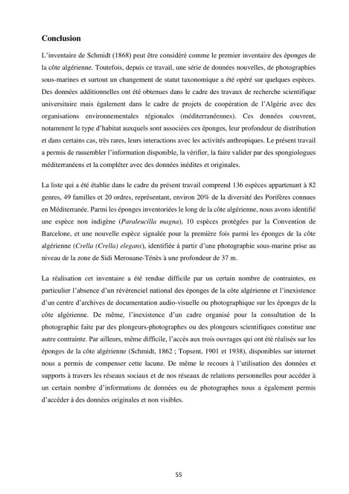 Elaboration d’un inventaire-référentiel national des Porifères de la côte algérienne:
