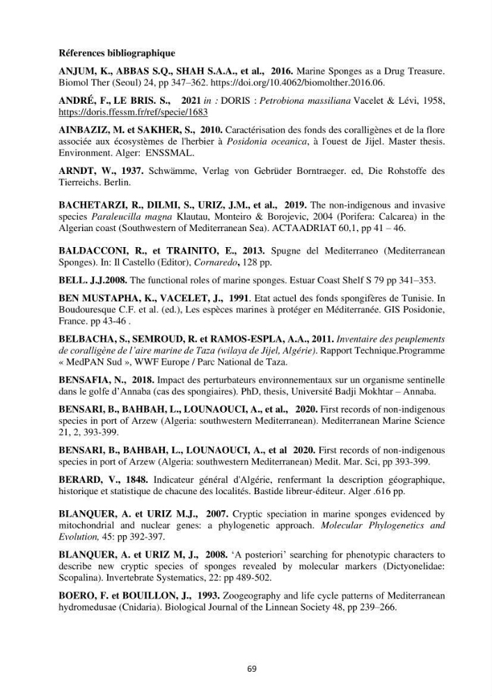 Elaboration d’un inventaire-référentiel national des Porifères de la côte algérienne: