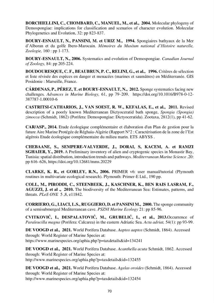 Elaboration d’un inventaire-référentiel national des Porifères de la côte algérienne: